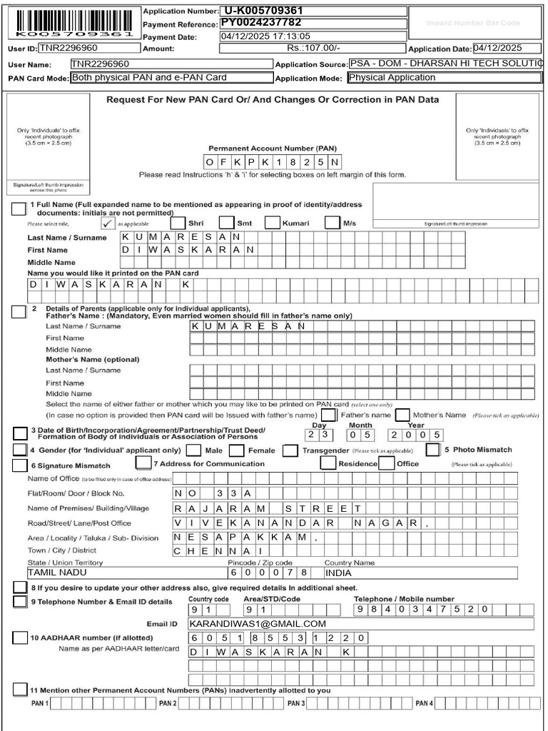PAN Card Application Details - Chennai | PDF