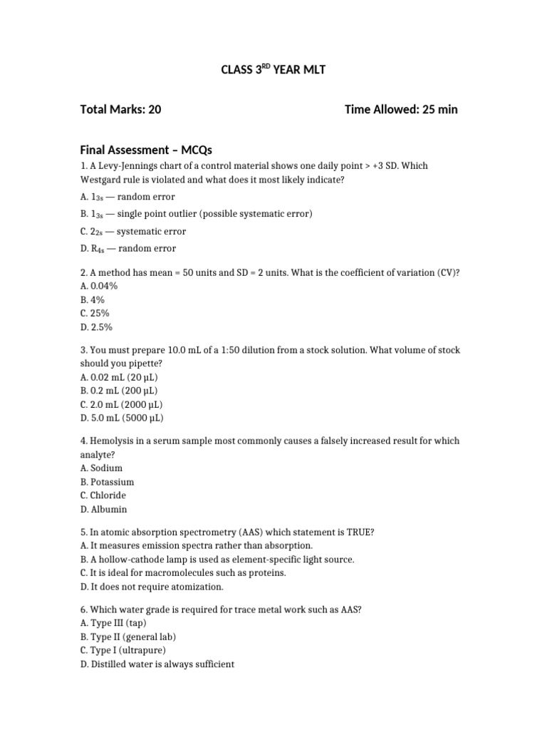 Class 3 MLT Final Assessment MCQs | PDF | Ph | Spectrophotometry