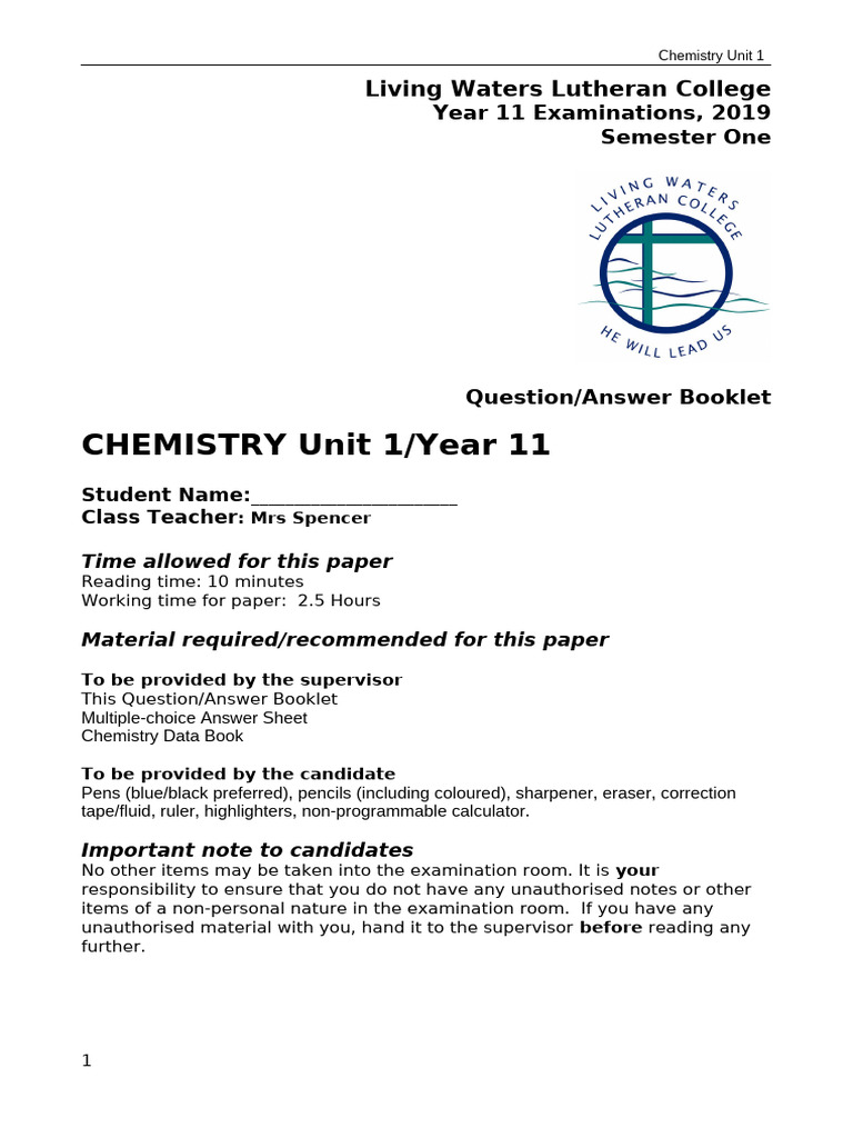 Year 11 Chemistry Exam Questions | PDF | Ionic Bonding | Chemical Reactions
