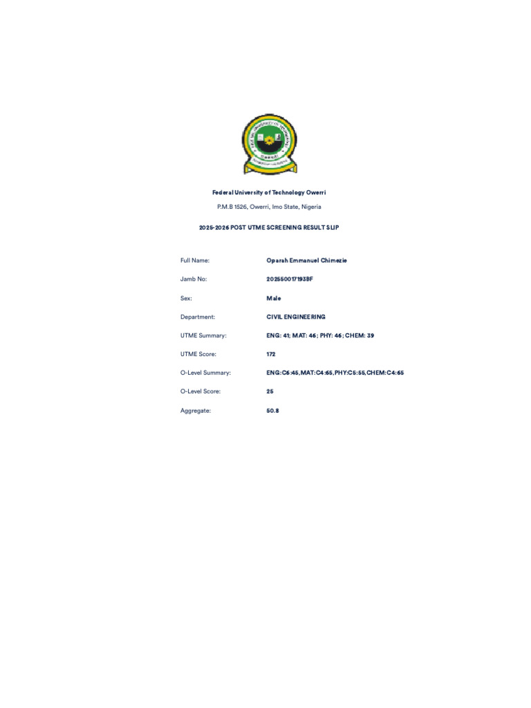 FUTO 2025-2026 Post UTME Result Slip | PDF