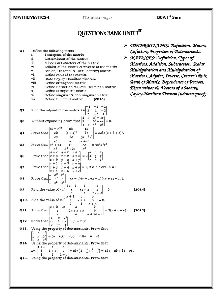 BCA Mathematics-I Question Bank | PDF | Matrix (Mathematics) | Determinant
