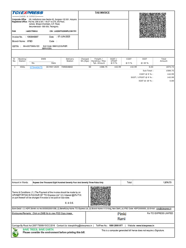 TCI Express Tax Invoice Details | PDF