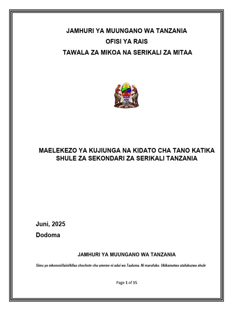 Jamhuri Ya Muungano Wa Tanzania Ofisi Ya Rais Tawala Za Mikoa Na ...