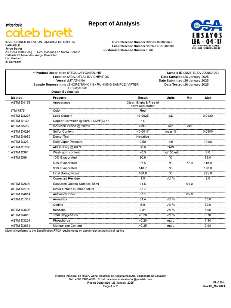 Chevron Gasoline Analysis Report 2025 | PDF