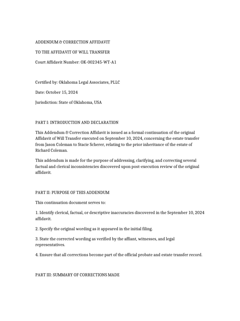 Oklahoma Affidavit Correction Addendum | PDF | Affidavit | Evidence