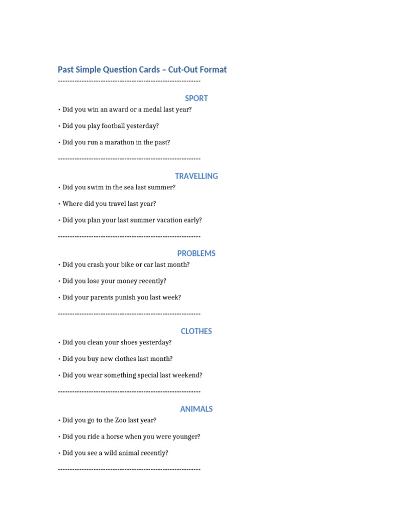 Past Simple Question Cards for ESL | PDF