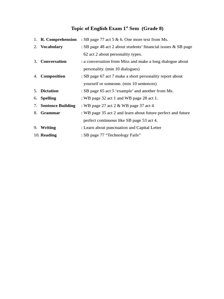Topic of English Exam 1st Sem G8 | PDF