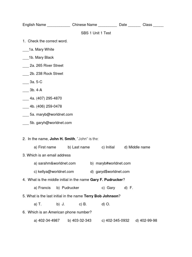 Side by Side ESL Textbook Unit 1 Supplemental Test PDF