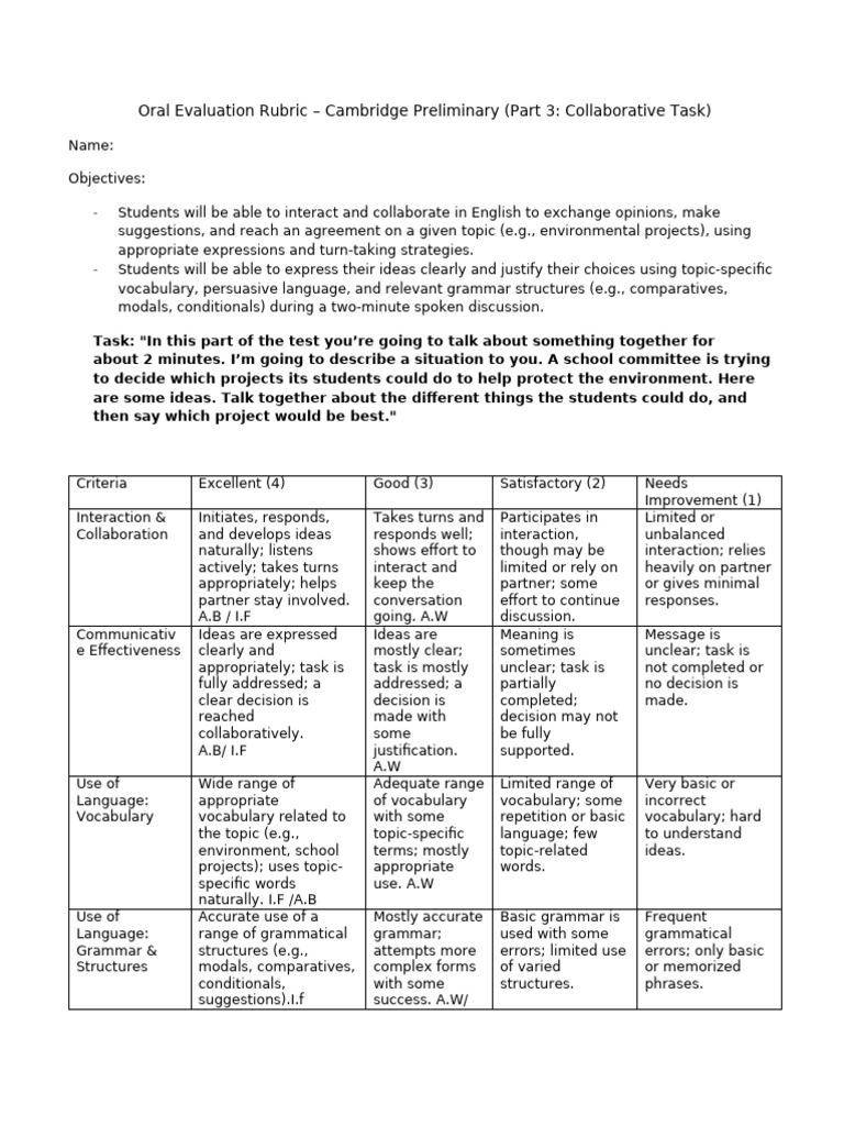 Cambridge Preliminary Oral Evaluation Rubric | PDF | Vocabulary | Grammar