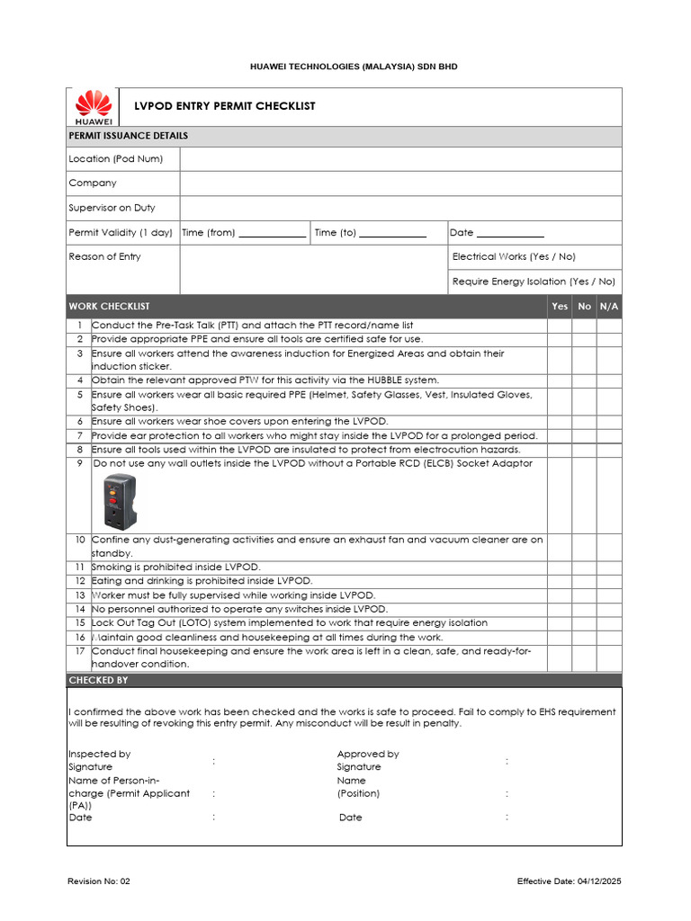 HW - LV Pod Entry Permit | PDF | Safety | Occupational Safety And Health