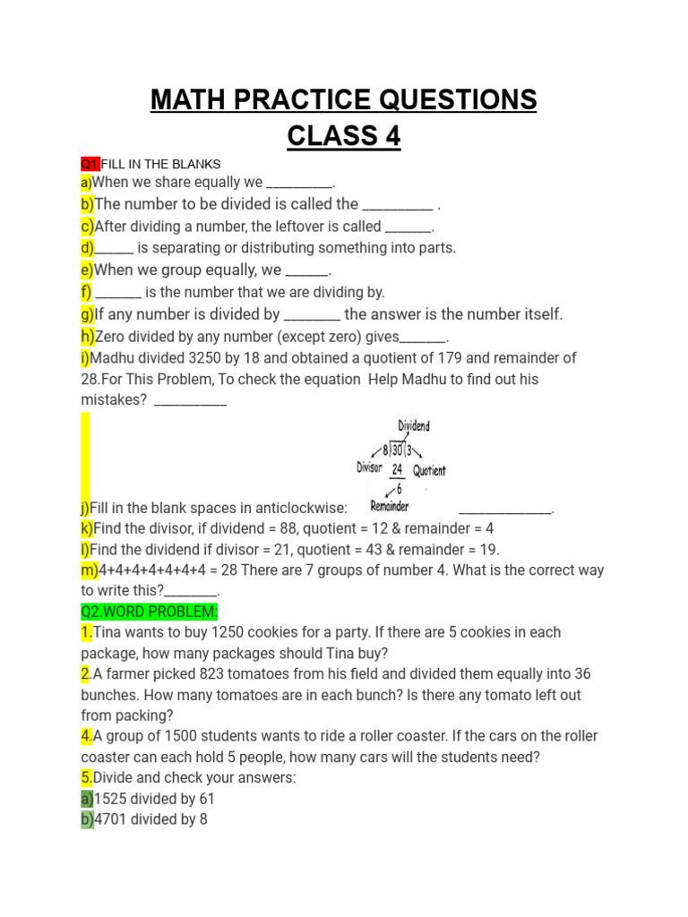 Class 4 Math Practice Questions | PDF