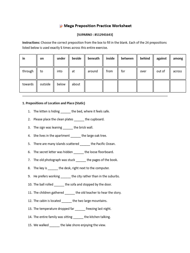 Preposition Practice Worksheet | PDF