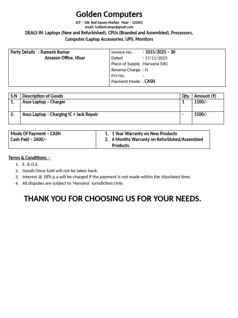 Golden Computers Invoice and Warranty Details | PDF