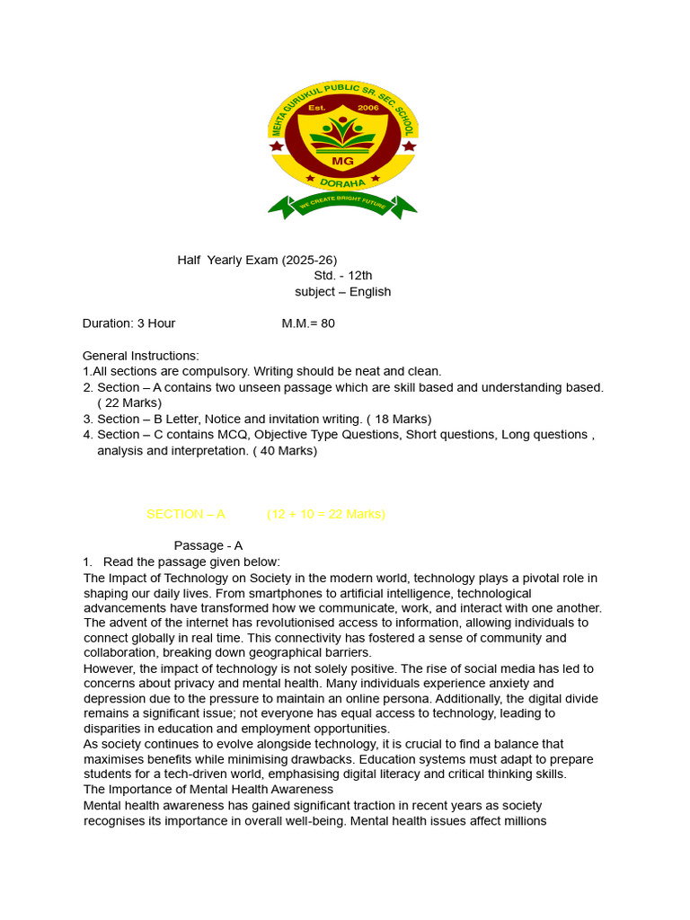12th Grade English Half-Yearly Exam 2025-26 | PDF