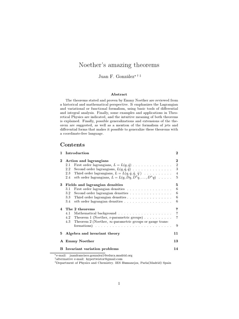 Noether's Theorems in Mathematical Physics | PDF | Noether's Theorem ...