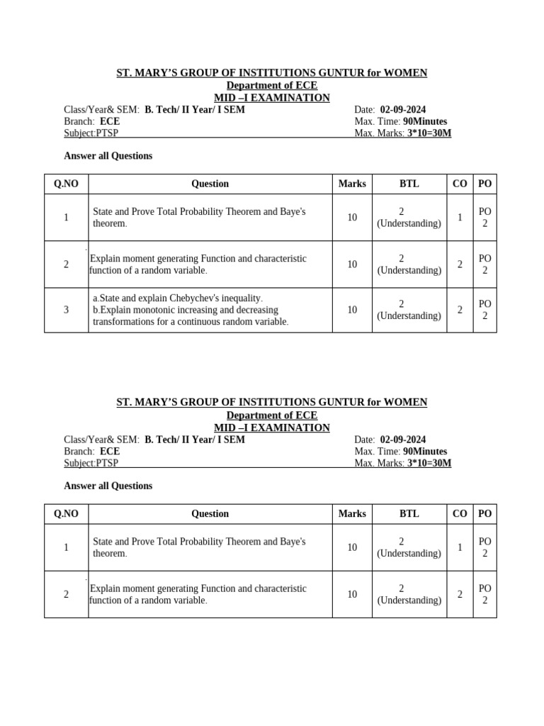 ECE Mid-I Exam Questions for PTSP | PDF | Random Variable ...