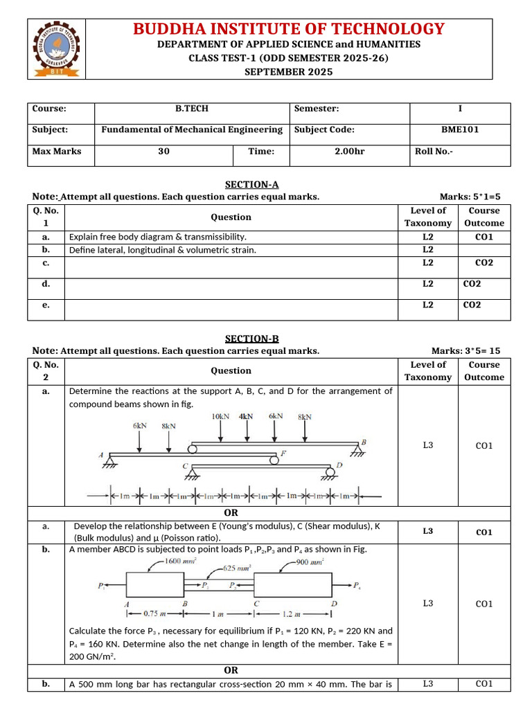 B.Tech Mechanical Engineering Test 2025 | PDF | Young's Modulus ...