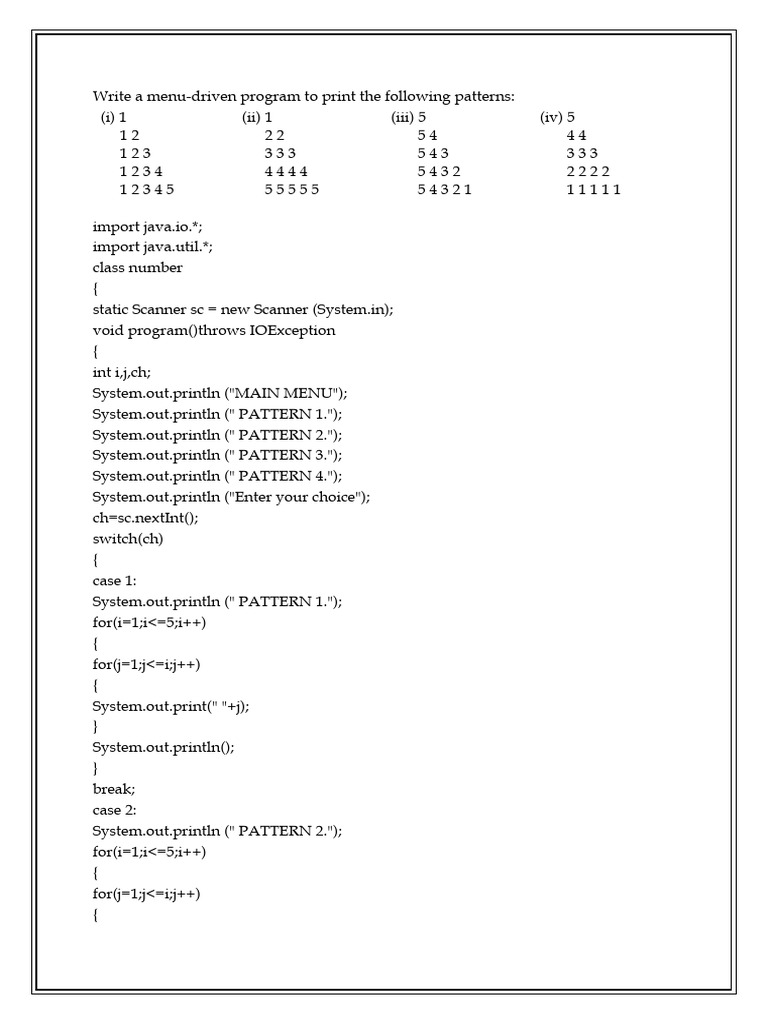 Java Menu-Driven Pattern Program | PDF | Systems Engineering | Object ...