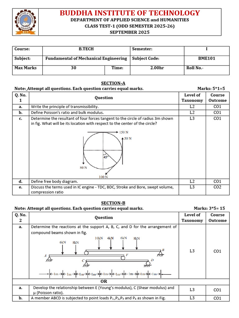 B.Tech Mechanical Engineering Test 2025 | PDF | Young's Modulus | Force