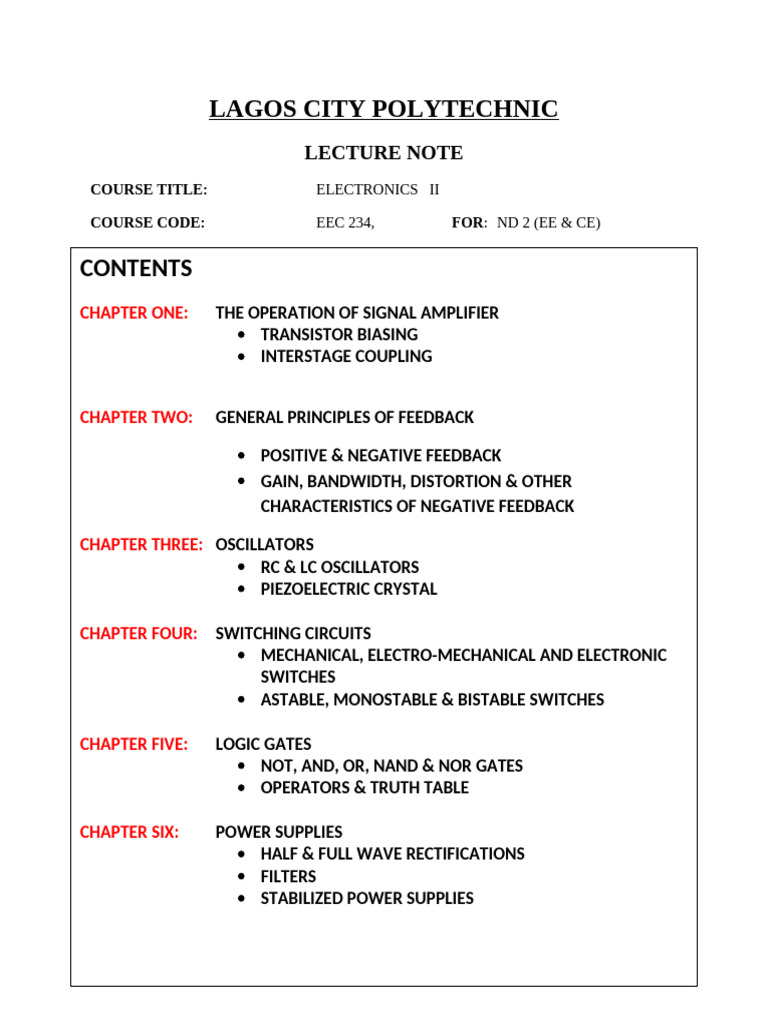 Eec 234 Electronics II Lecture Note | PDF | Electronic Oscillator ...