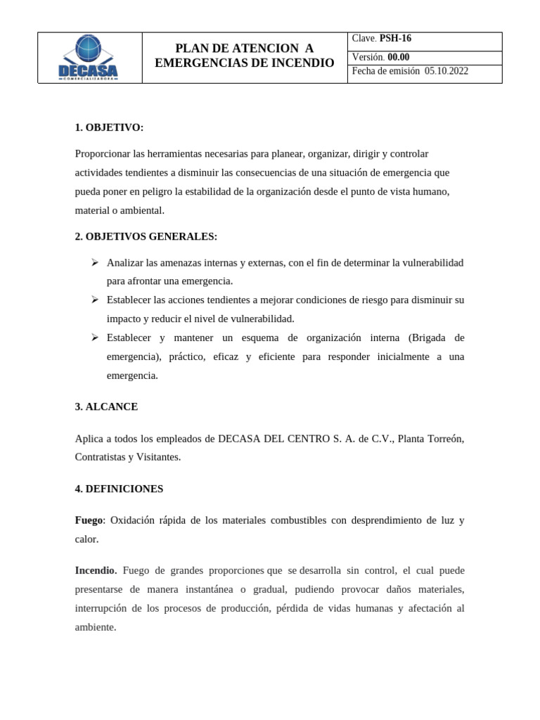 Psh-016 Plan de Respuesta A Emergencias de Incendio | PDF | Incendios ...