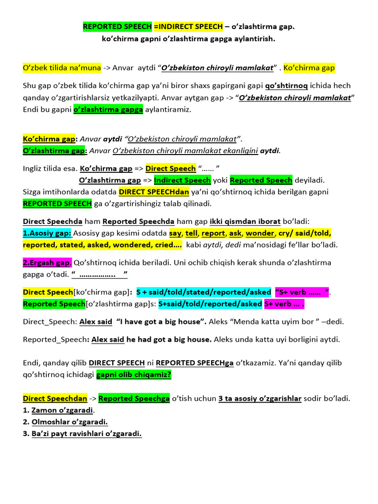 Reported Speech 1.0 | PDF | Semantic Units | Syntax