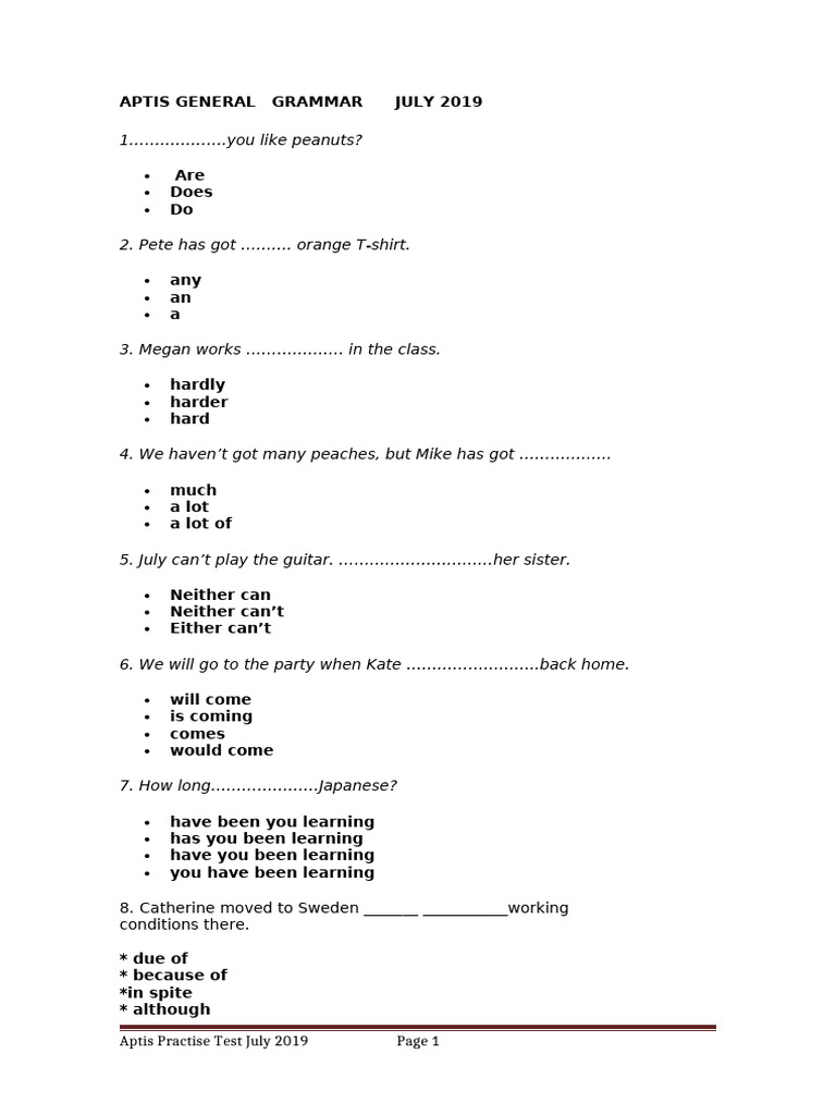 Aptis General Grammar Practice Test | PDF
