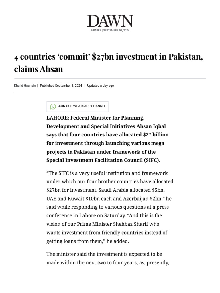 4 Countries ‘Commit’ $27bn Investment in Pakistan, Claims Ahsan ...