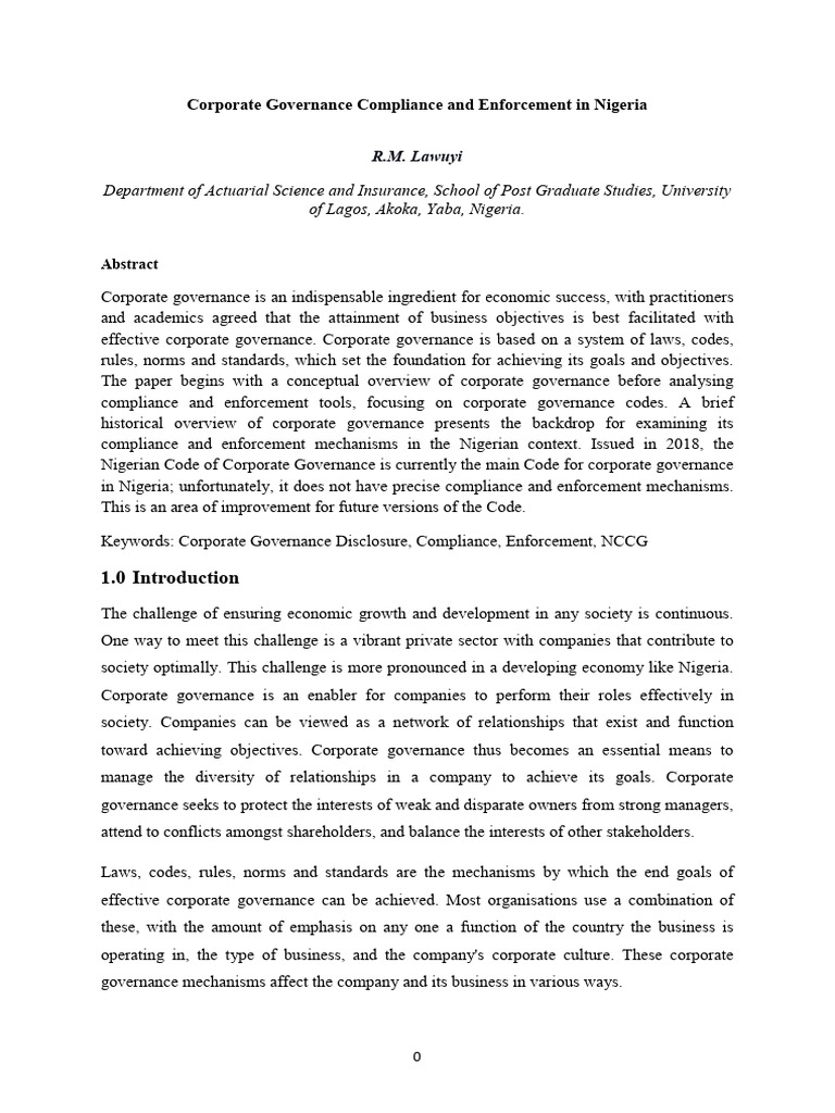Corporate Governance Compliance and Enforcement in Nigeria | PDF ...