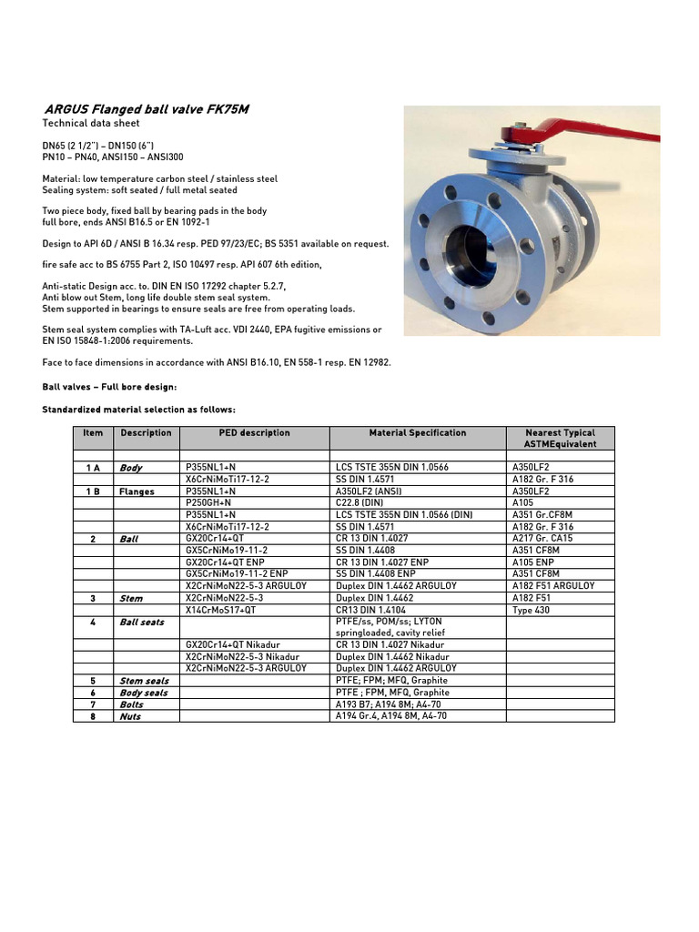 ARGUS FK75M Flanged Ball Valve Specs | PDF | Mechanical Engineering