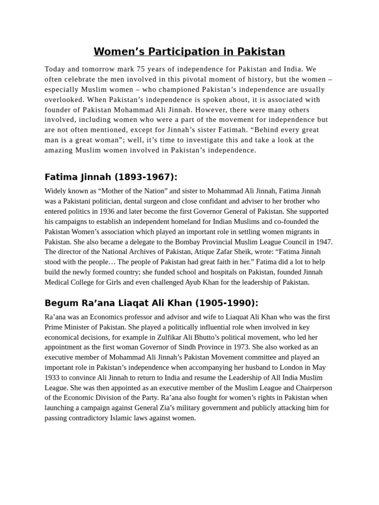 Women’s Role in Pakistan's Independence | PDF | Pakistan Movement | All ...