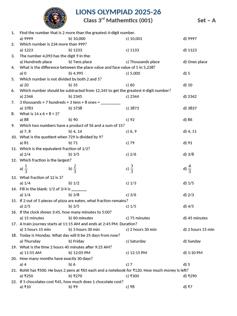 Class 3 Mathematics Olympiad Questions | PDF | Length | Mathematics