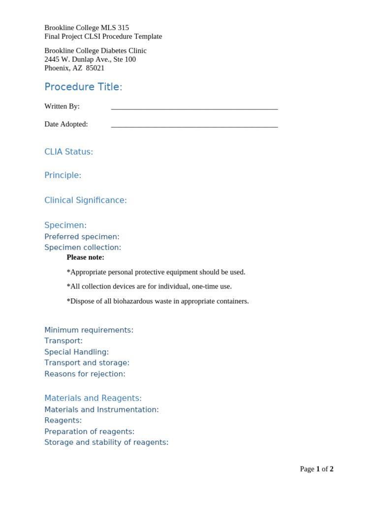 Brookline College CLSI Procedure Template | PDF