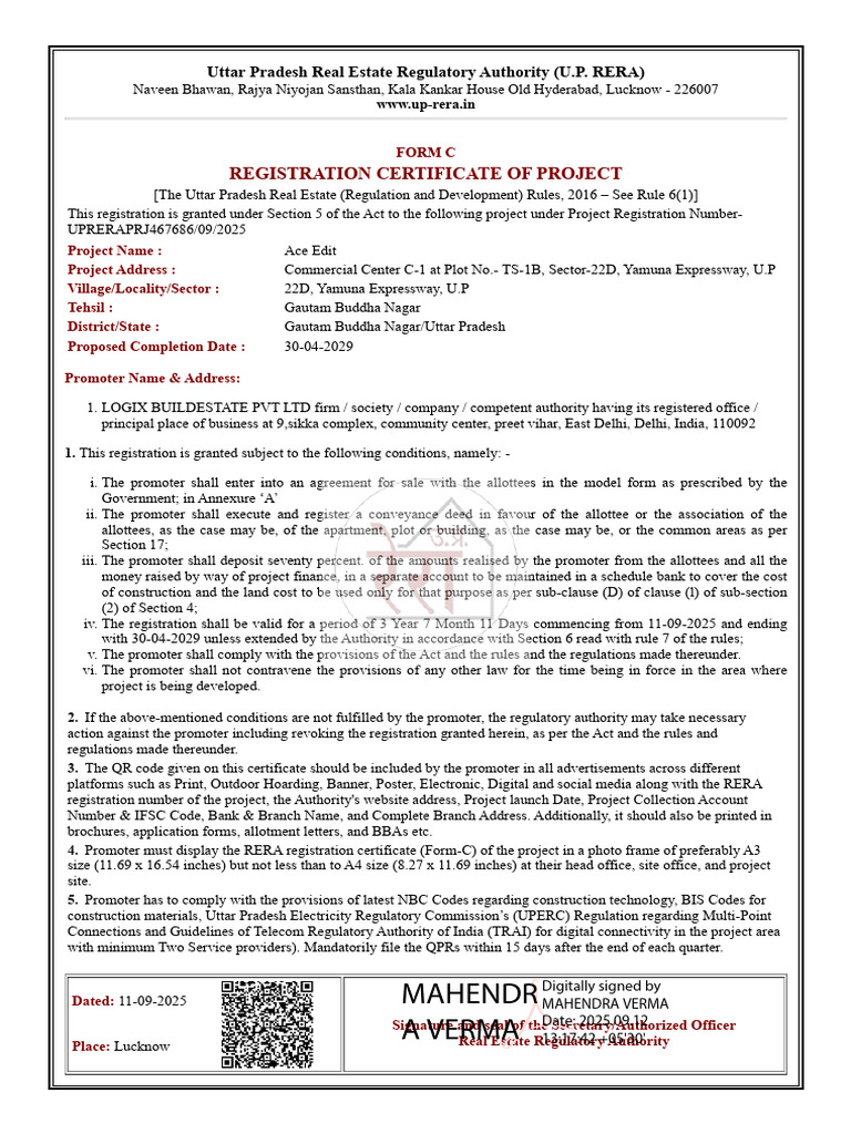 U.P. RERA Registration Certificate: Ace Edit | PDF | Justice | Crime ...