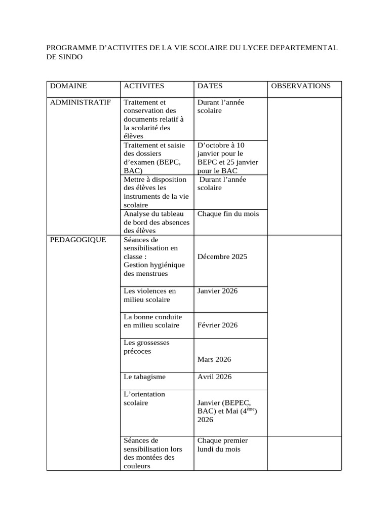 Programme d'activités scolaires 2025-2026 | PDF