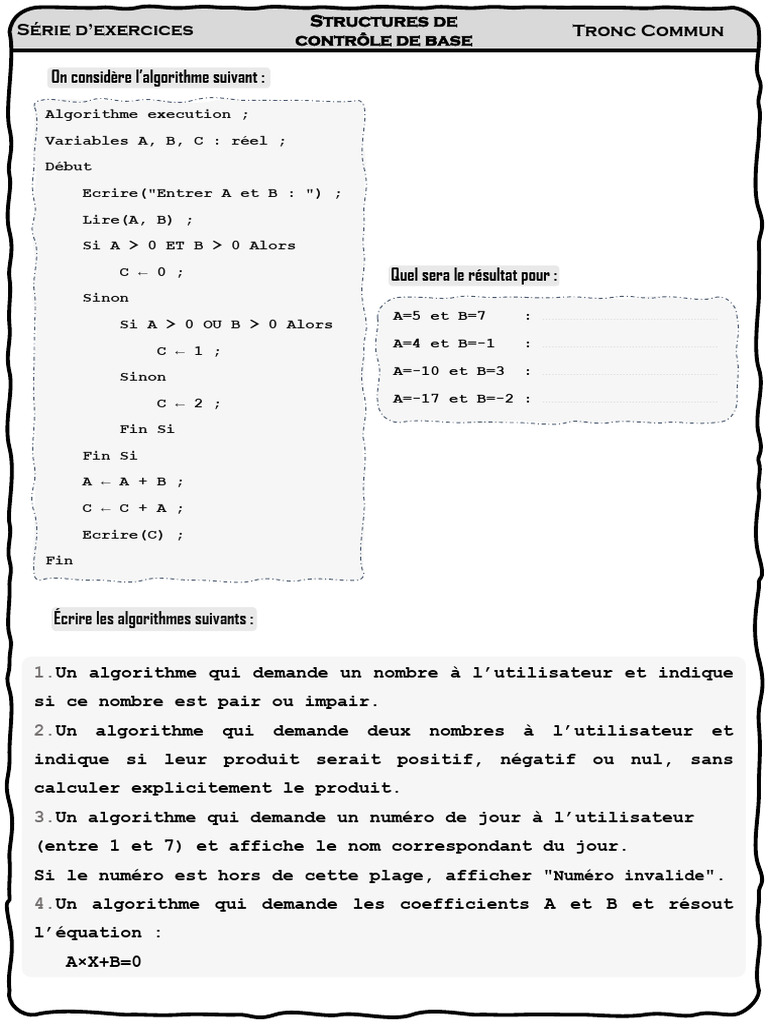 Exercices sur les algorithmes de base | PDF