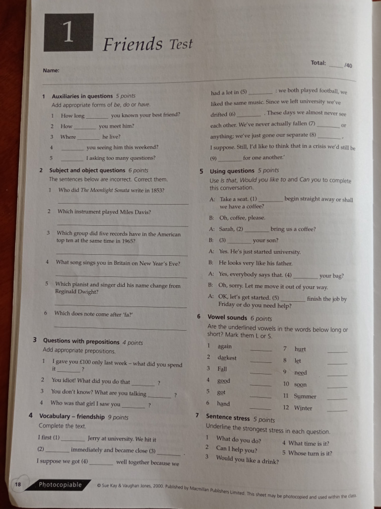 Inside Out Unit One Test 1 Friends | PDF