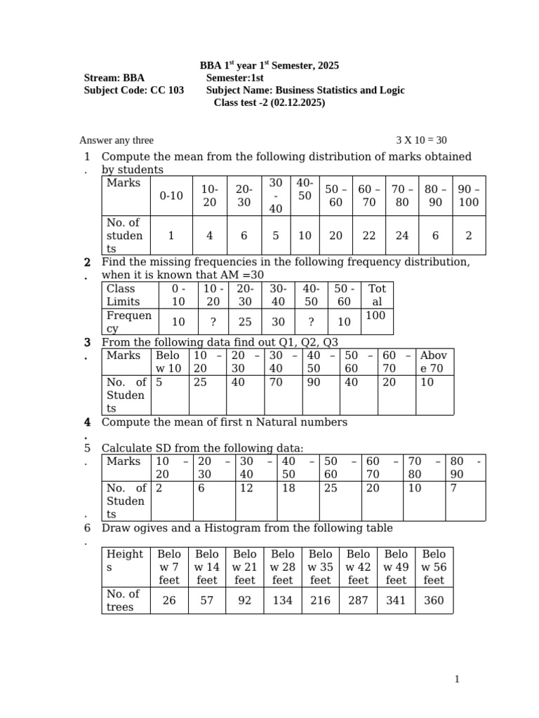 BBA Business Statistics Test 2025 | PDF