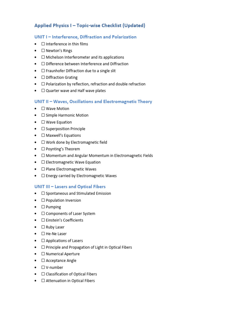 Applied Physics I Topic Checklist | PDF
