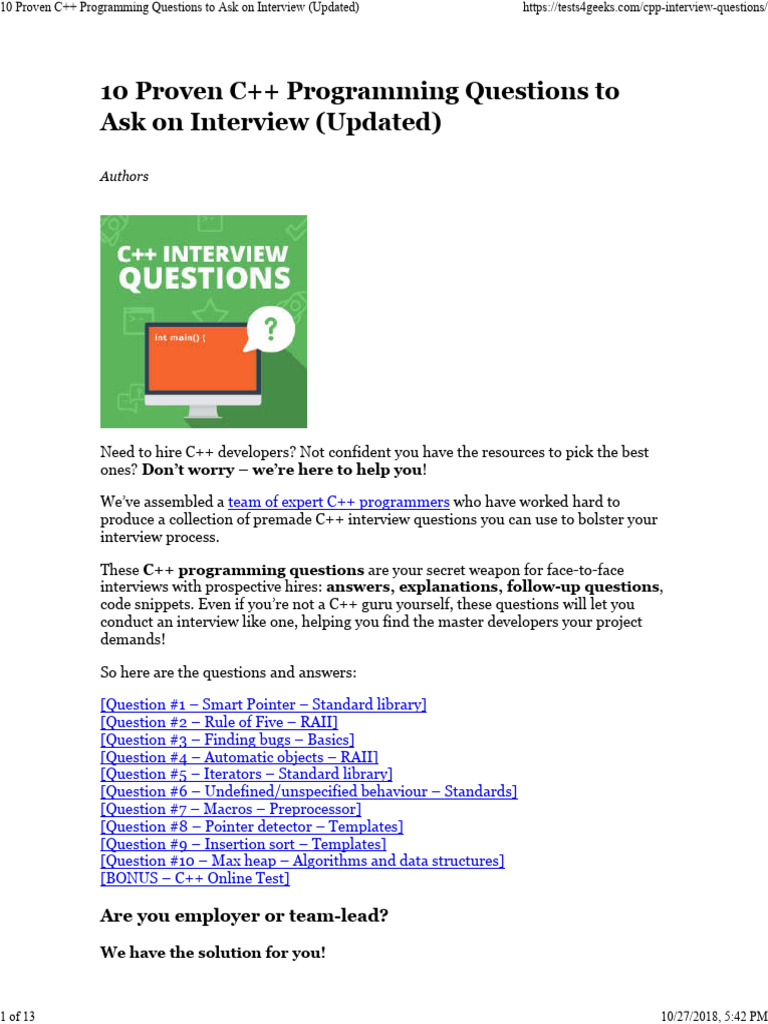 10 Proven C++ Programming Questions To Ask On Interview (Updated) | PDF ...