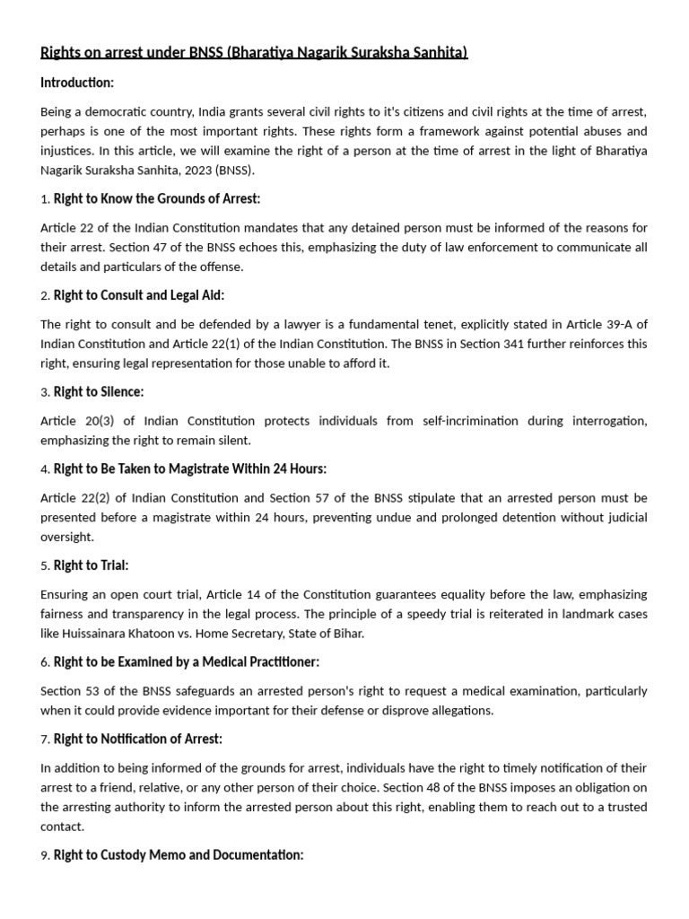 Rights On Arrest Under BNSS | PDF | Crimes | Crime & Violence