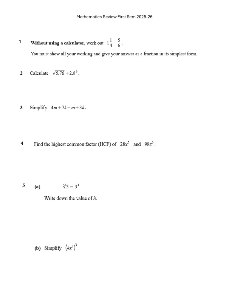 Mathematics Review First Sem 2025 | PDF