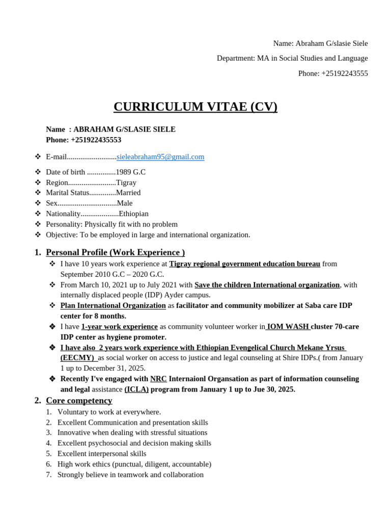 Abraham G/Slasie Siele CV Summary | PDF