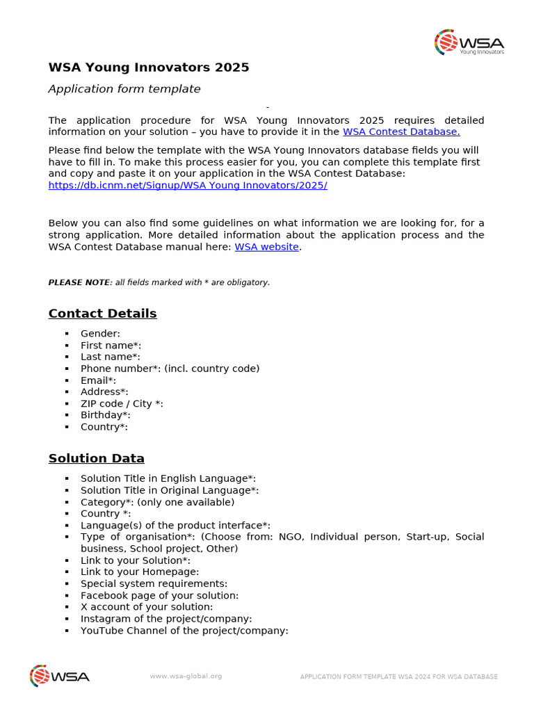 WSA 2025 Young Innovators Application Form | PDF | Databases | Computing