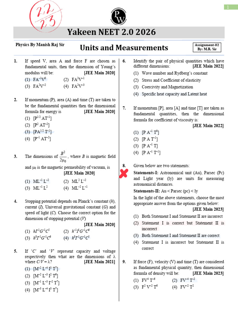 NEET 2026 Physics Units & Dimensions Guide | PDF | Momentum | Classical ...