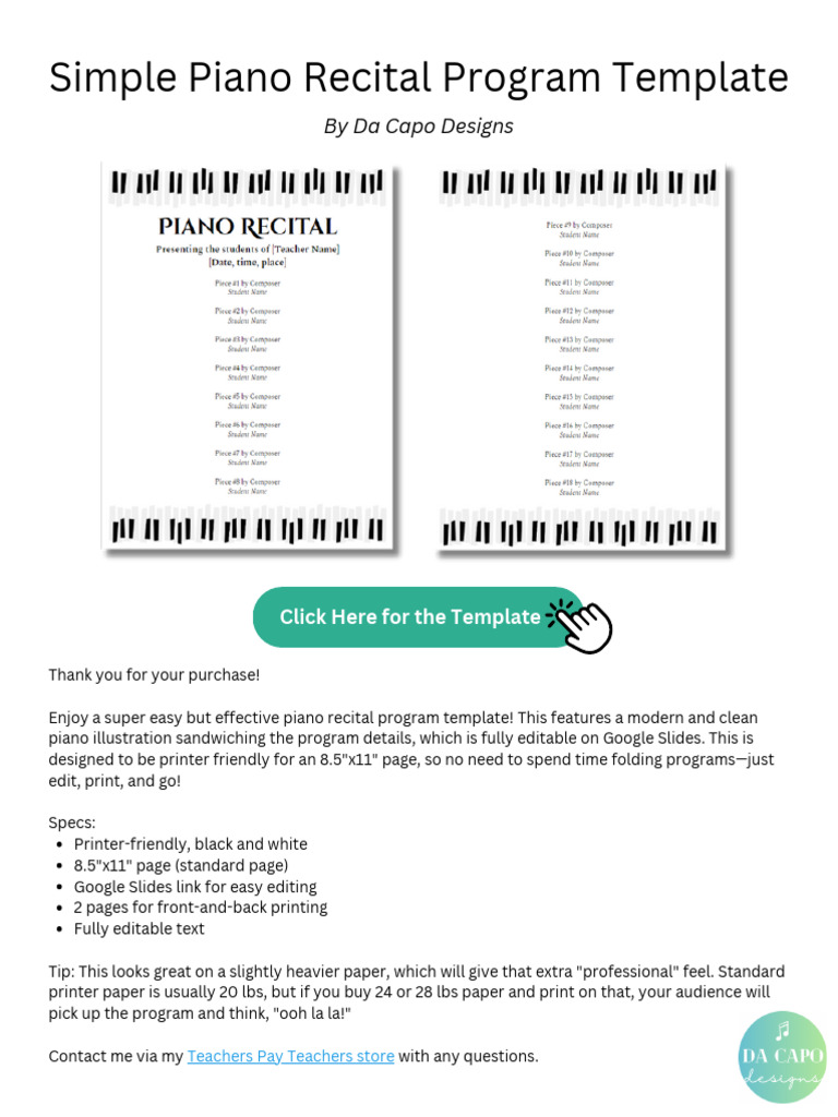 Simple Piano Recital Program Template: by Da Capo Designs | PDF
