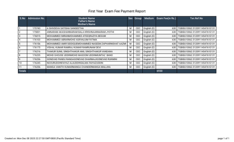 First Year Exam Fee Payment Report | PDF