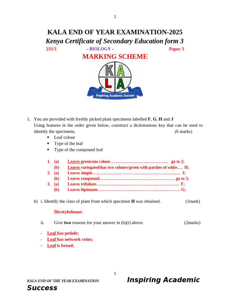 Biology Marking Scheme 2025 Exam PDF Leaf Biology