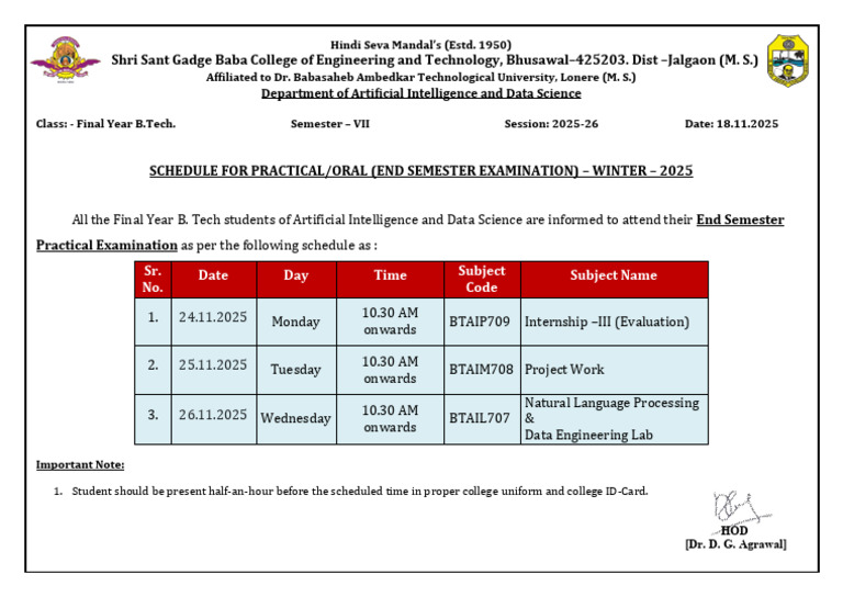 B.Tech AI & Data Science Exam Schedule 2025 | PDF