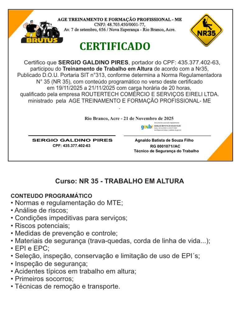 Certificado de Treinamento NR 35 | PDF